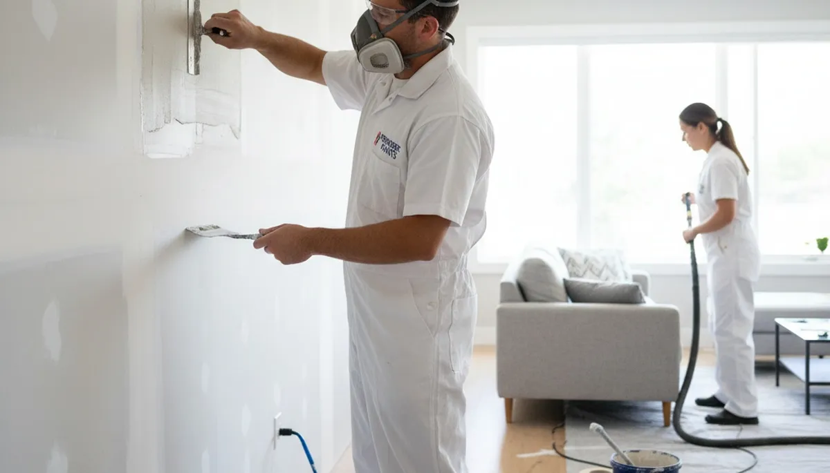 Drywall repair experts fixing wall cracks in a Colorado Springs, CO home for smooth, paint-ready finish
