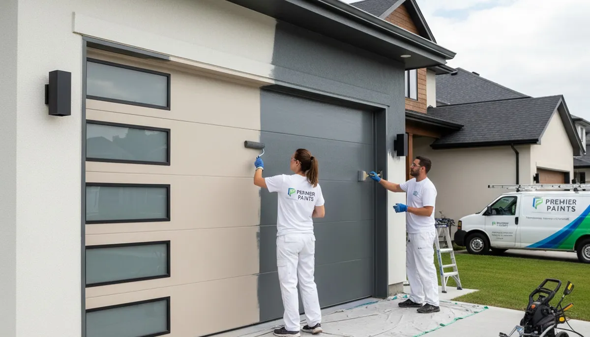 Professional painter refinishing garage door in Colorado Springs, CO for durable, sun-resistant finish